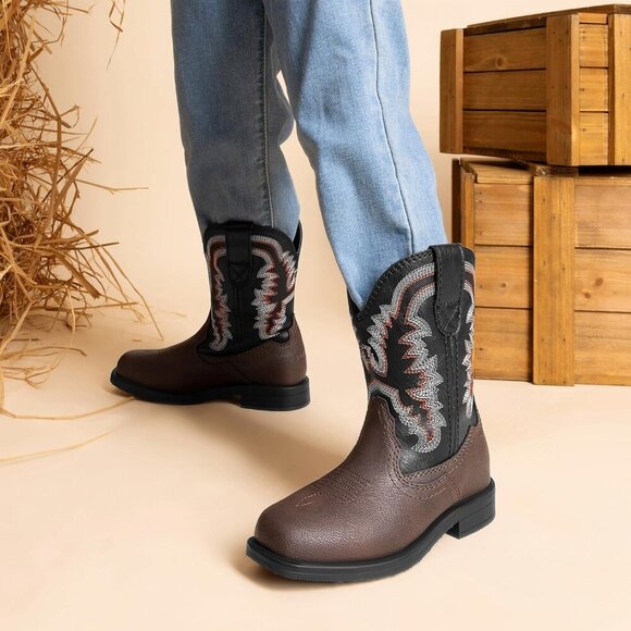 🆕 Men Black Western Cowboy Boots Toddler Square Toe Riding Mid Calf Shoes - Picture 7 of 7